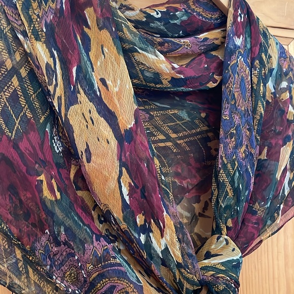 Lightweight scarf in golds, brown, black and burgundy, nylon/rayon, ~44” square - Picture 3 of 6